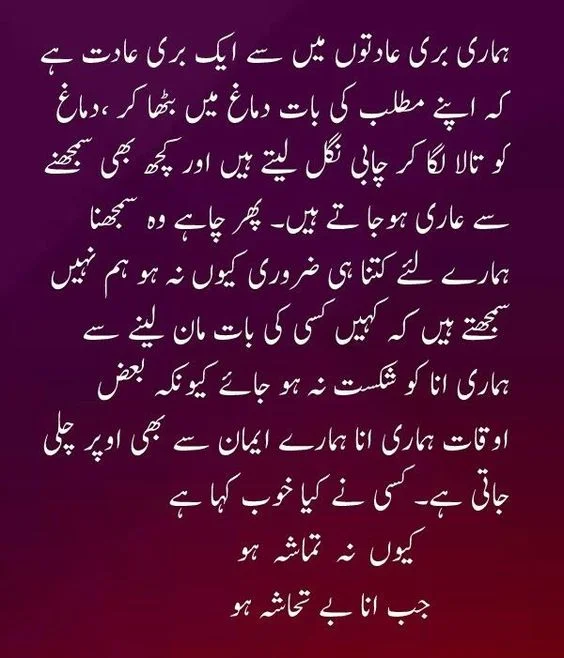 **Humari buri aadat mein se ek buri aadat hai ki apne matlab ki baat dimaag mein bitha kar, dimaag ko taala laga kar chaabi nigal lete hain aur kuch bhi samajhne se aari ho jaate hain. Phir chaahe woh samajhna hamare liye kitna hi zaruri kyon na ho, hum nahi samajhte hain ki kahin kisi ki baat maan lene hamari ana ko shekast na ho jaaye kyunki kuchh waqt hamari ana hamare imaan se bhi oopar chal jaati hai. Kisi ne kya khub kaha hai:

Kyon na tamaasha ho
Jab ana betahsha ho** || Urdu Shayari